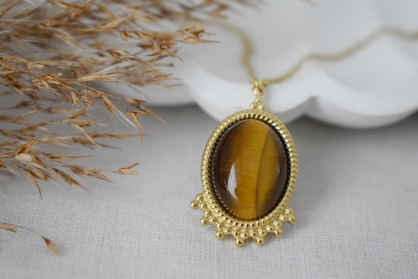 Tigers Eye Necklace Gold, Oval Gemstone Victorian Necklace For Women, Unique Pendant, Stone Statement Necklace, Best Jewelry Gift For Her
