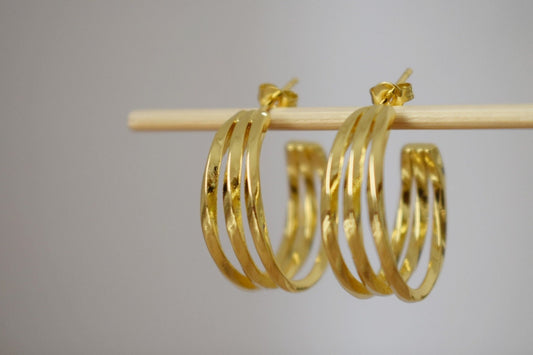 Triple Layer Hoops, 18k Gold Plated Triple Row Stud Earrings, Statement Chunky Half Hoops For Women, Boho Modern Earrings, Christmas Gift For Her