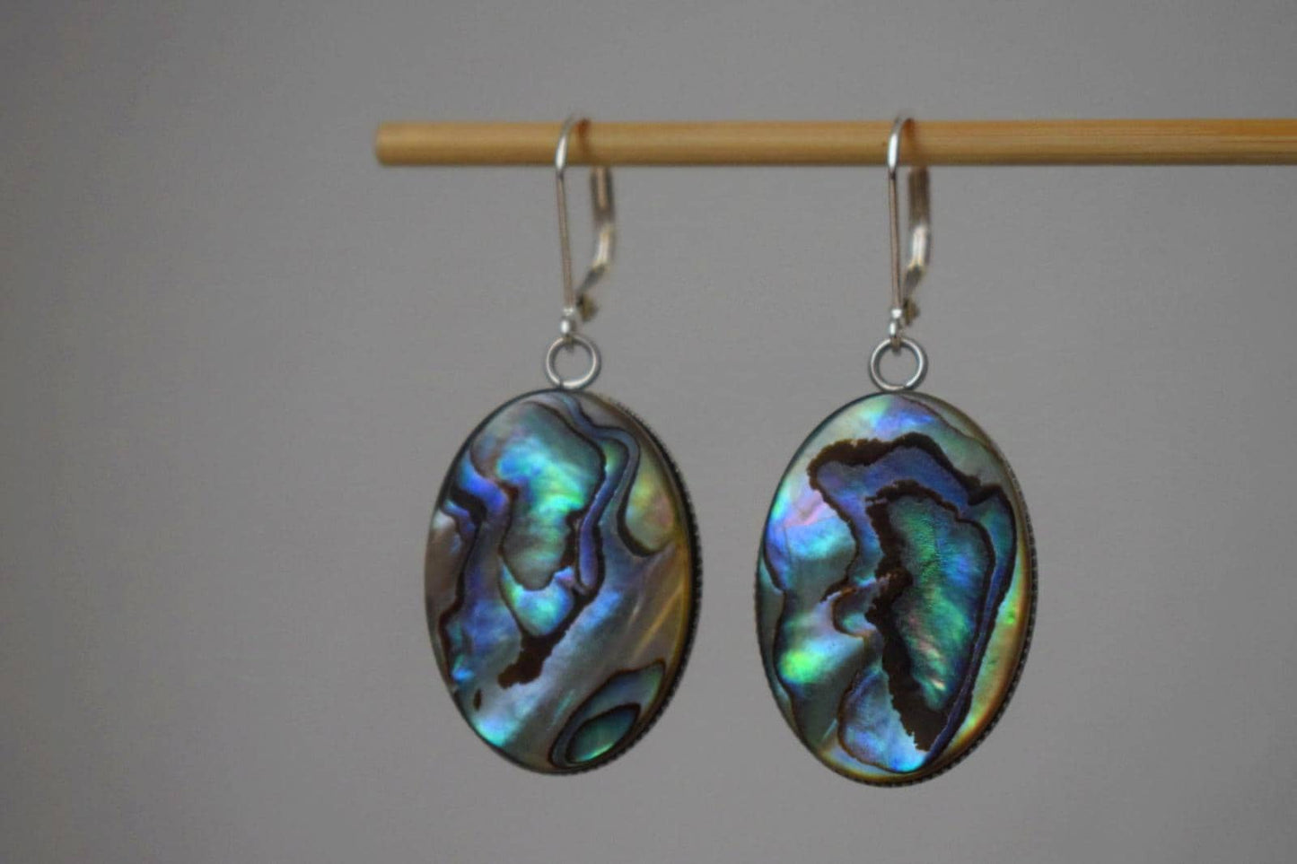 Abalone dangle earrings, Sterling silver huggie hoops, Paua shell, Long statement oval earrings, Colorful jewelry, Mother's day gift