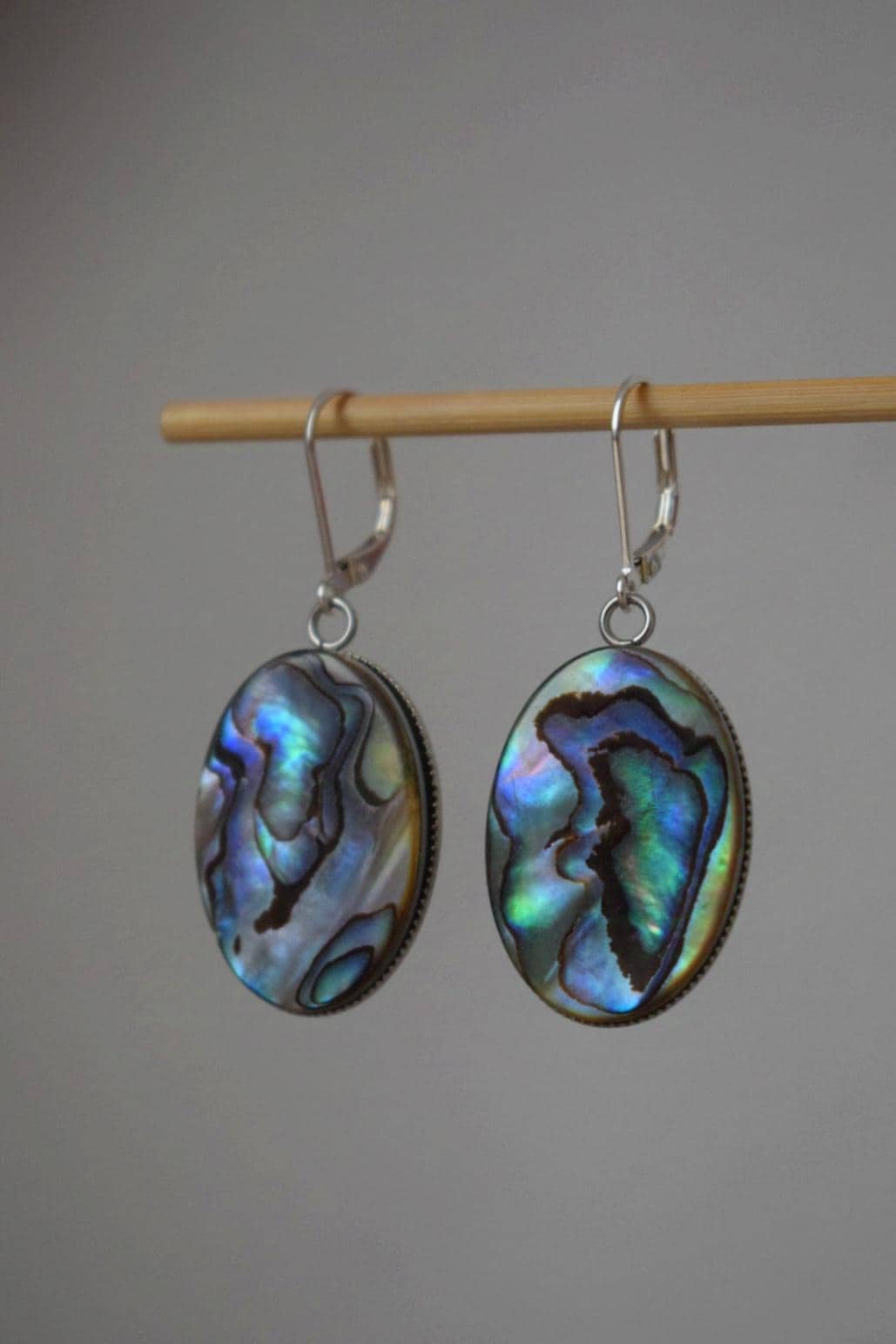 Abalone dangle earrings, Sterling silver huggie hoops, Paua shell, Long statement oval earrings, Colorful jewelry, Mother's day gift