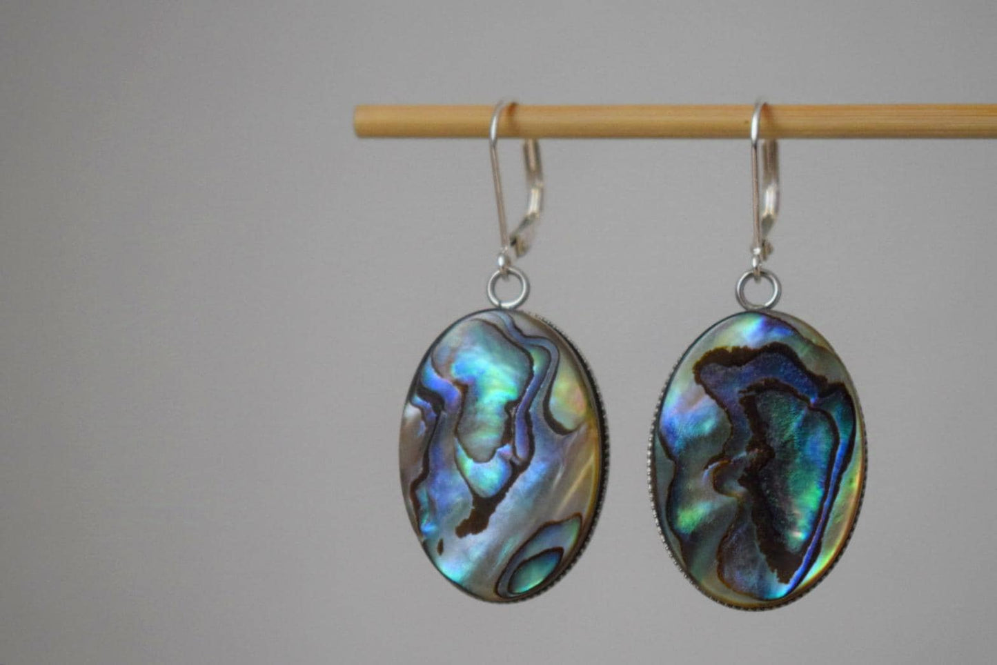 Abalone dangle earrings, Sterling silver huggie hoops, Paua shell, Long statement oval earrings, Colorful jewelry, Mother's day gift