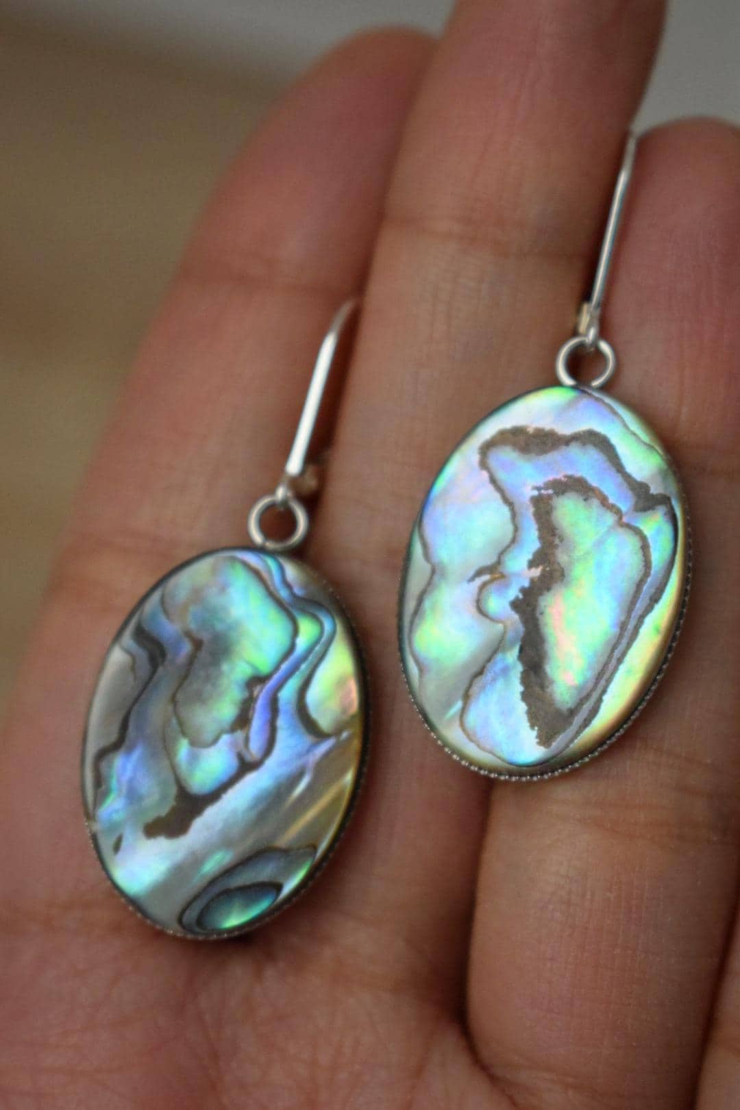 Abalone dangle earrings, Sterling silver huggie hoops, Paua shell, Long statement oval earrings, Colorful jewelry, Mother's day gift