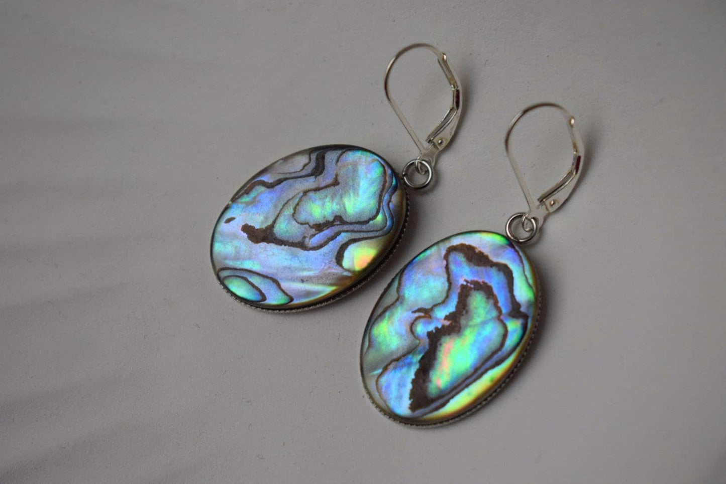 Abalone dangle earrings, Sterling silver huggie hoops, Paua shell, Long statement oval earrings, Colorful jewelry, Mother's day gift