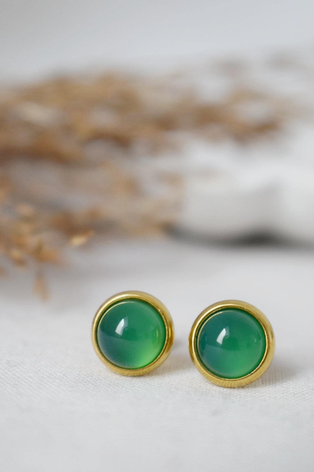 Green agate stud earrings, Small gemstone earrings, Push back earrings, Minimalist birthstone jewelry, Handmade Gift for her