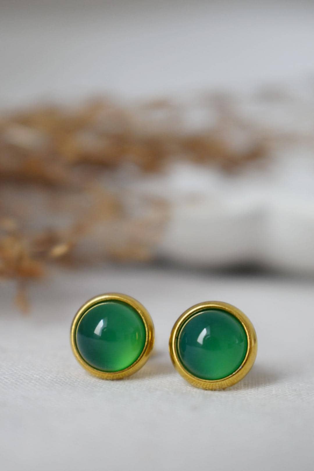 Green agate stud earrings, Small gemstone earrings, Push back earrings, Minimalist birthstone jewelry, Handmade Gift for her