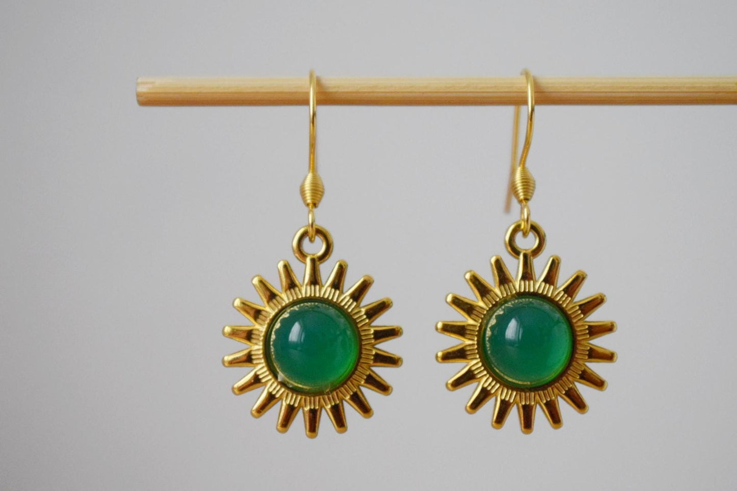 Sun earrings, Green agate earrings, Gemstone earrings, Sun rays, Sunburst, Celestial, Gold plated glowing jewelry, Christmas gift for her