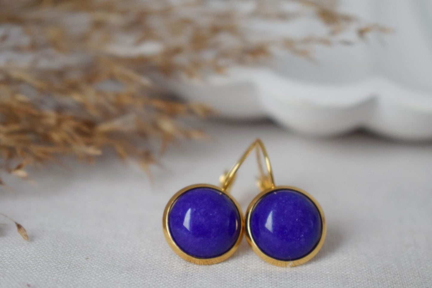 Blue Jade Earrings, 12mm Gemstone Dangle Earrings, Golden Round Stone Lever Back Earrings, Gift For Her, Handmade Jewelry, Mother's day Gift
