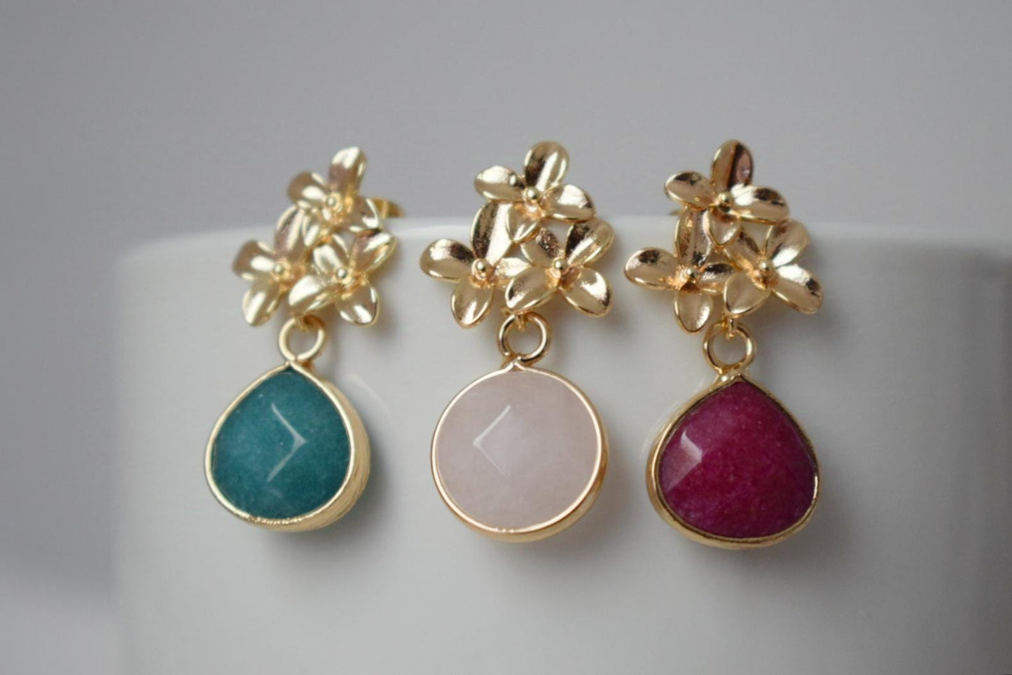 Wine Red Jade Teardrop Earrings, Burgundy Gemstone Dangle Earrings, 18K Gold Flower Stud, Handmade Jewelry, Unique Christmas Gift for Her