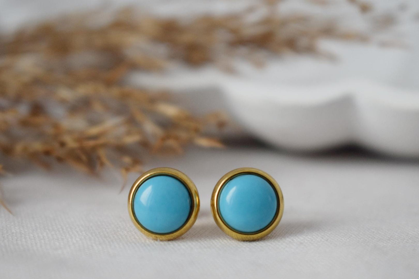 Turquoise Stud Earrings, Small Round Gemstone Earrings, 8mm Push Back Post Earrings, Unisex Gift Jewelry, Best Christmas Jewelry Gift