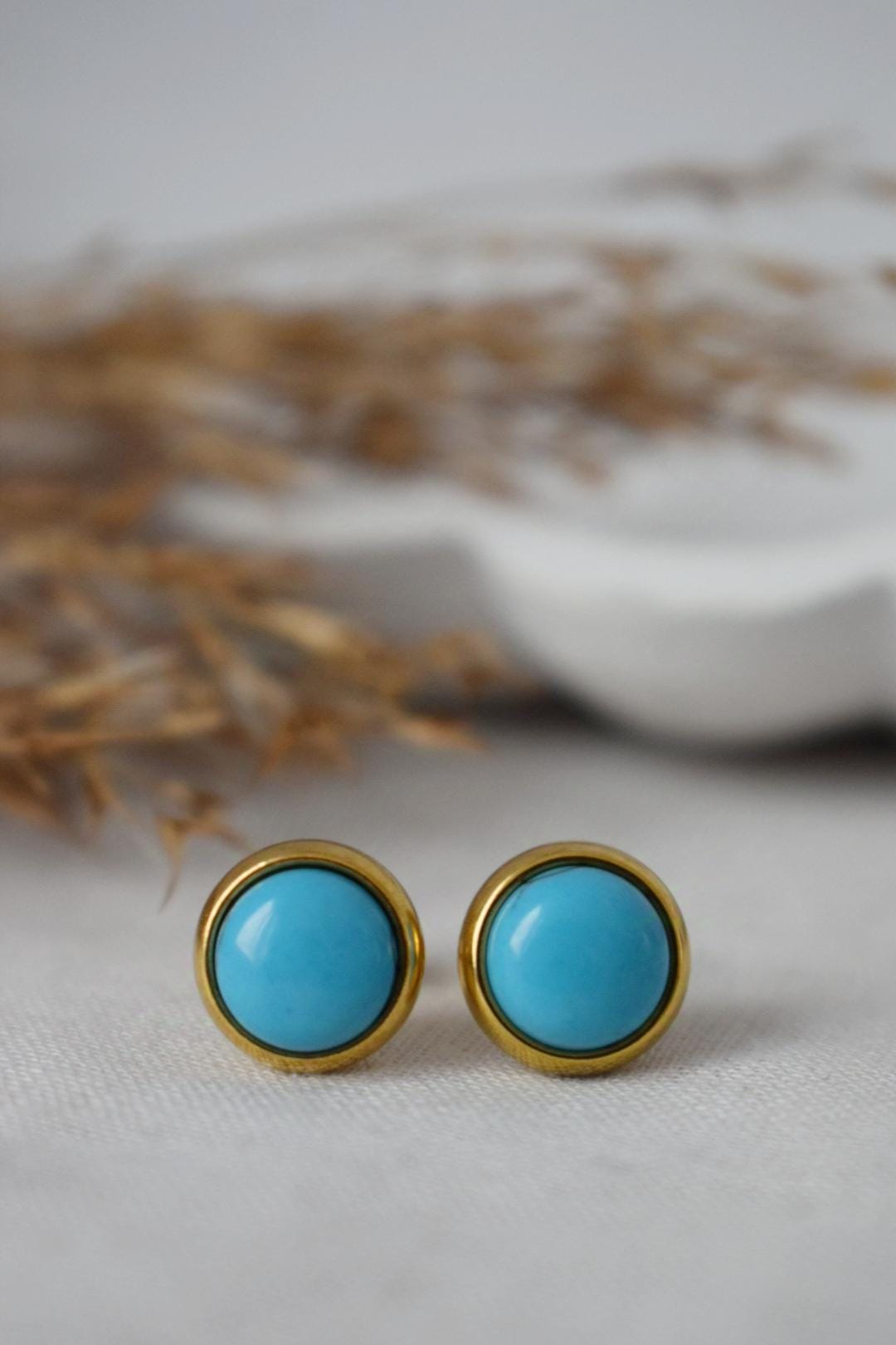 Turquoise Stud Earrings, Small Round Gemstone Earrings, 8mm Push Back Post Earrings, Unisex Gift Jewelry, Best Christmas Jewelry Gift