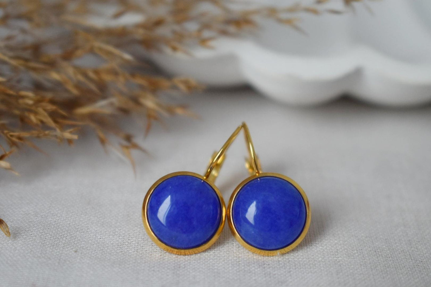 Blue Jade Earrings, Gemstone Dangle Earrings, Golden Round Stone Lever Back Earrings, Gifts For Women, Handmade Jewelry, Mother's day Gift
