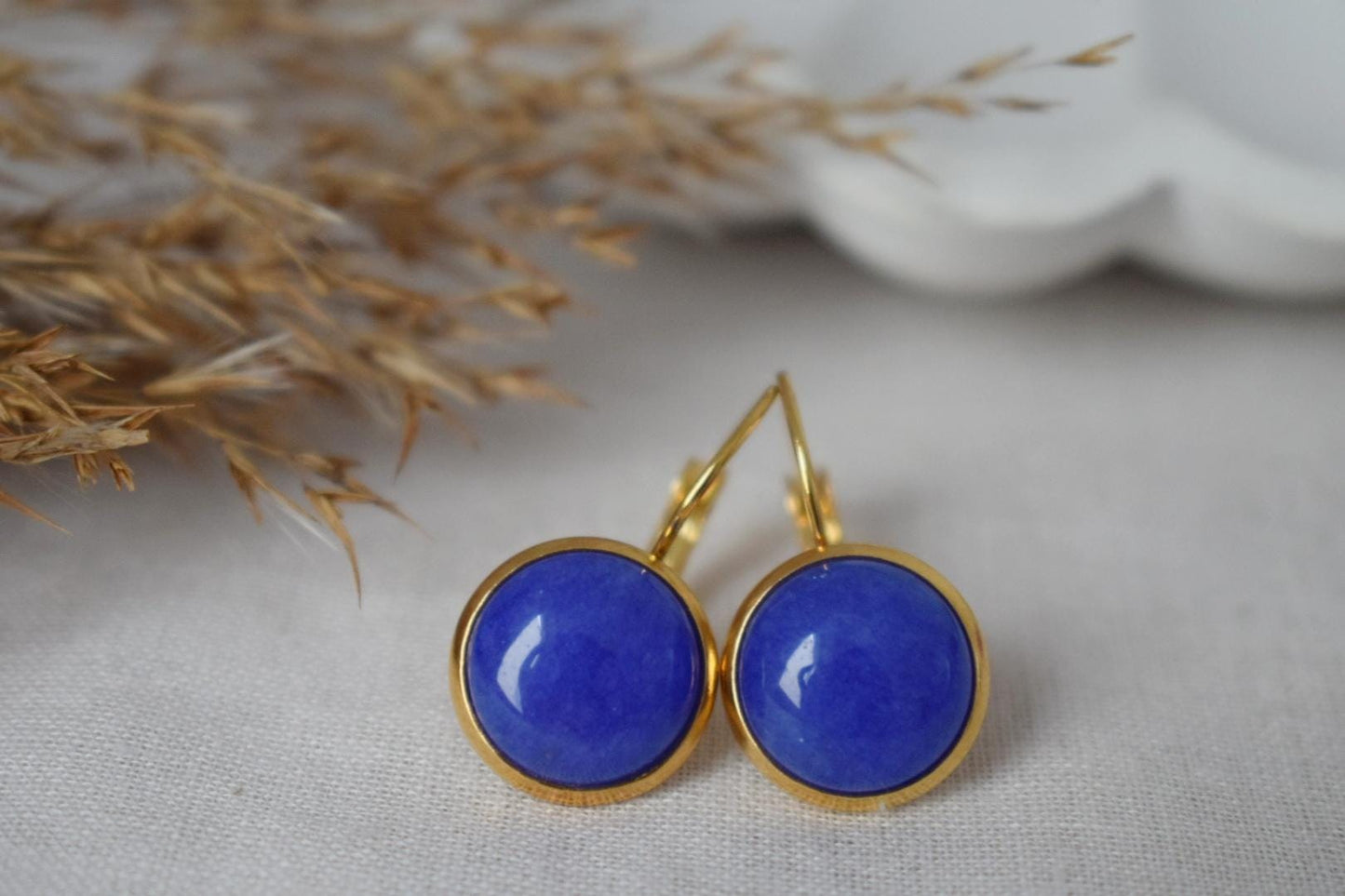 Blue Jade Earrings, Gemstone Dangle Earrings, Golden Round Stone Lever Back Earrings, Gifts For Women, Handmade Jewelry, Mother's day Gift