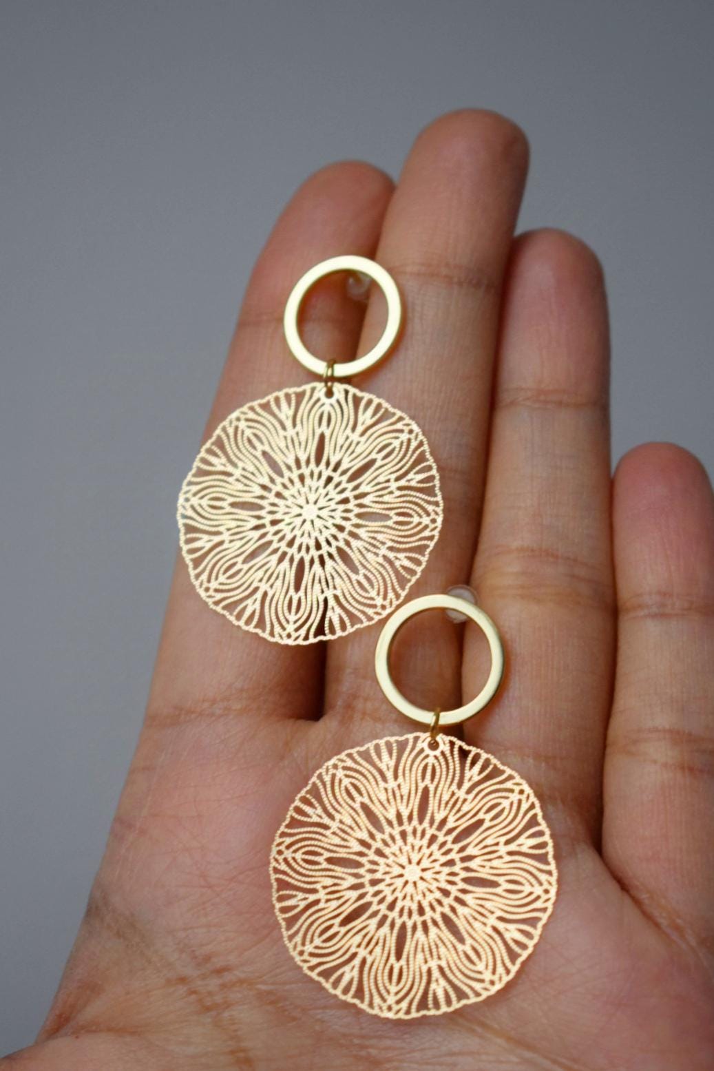 Ornament earrings for women, Mandala gold stud earrings, Boho filigree earrings, Open circle studs, Jewelry gift for her