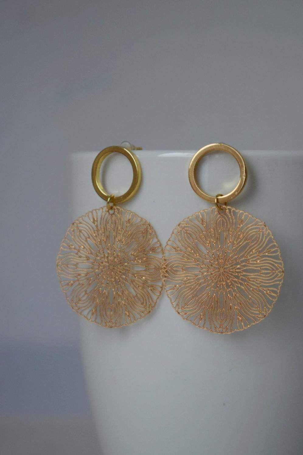 Ornament earrings for women, Mandala gold stud earrings, Boho filigree earrings, Open circle studs, Jewelry gift for her