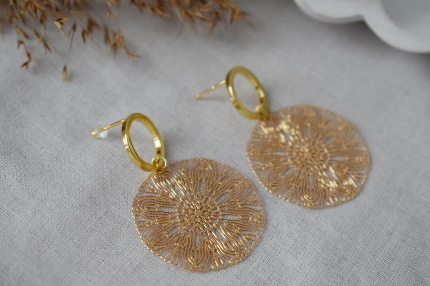 Ornament earrings for women, Mandala gold stud earrings, Boho filigree earrings, Open circle studs, Jewelry gift for her