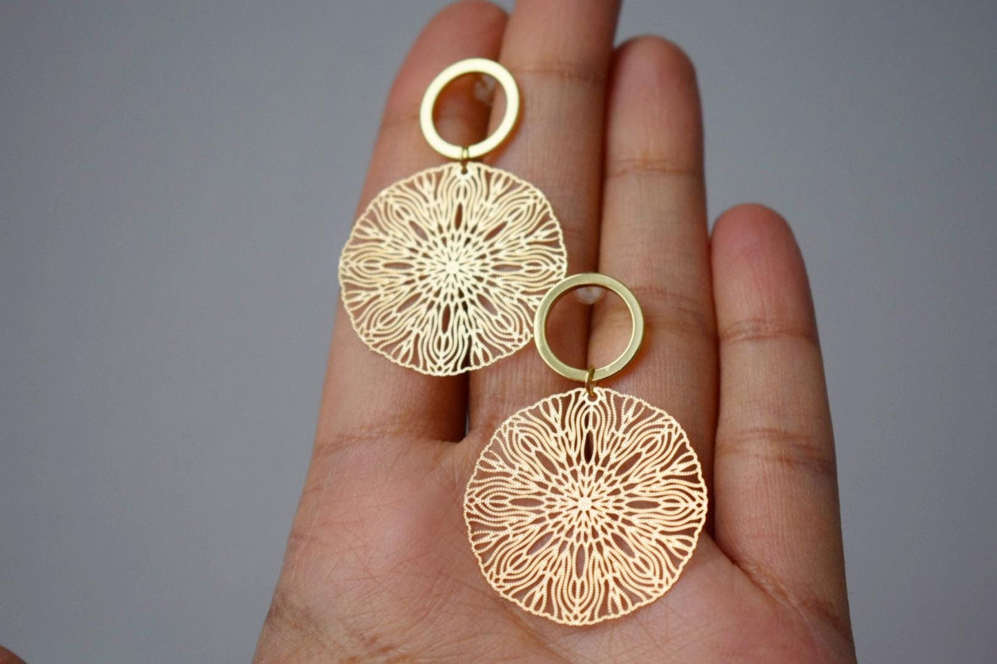 Ornament earrings for women, Mandala gold stud earrings, Boho filigree earrings, Open circle studs, Jewelry gift for her