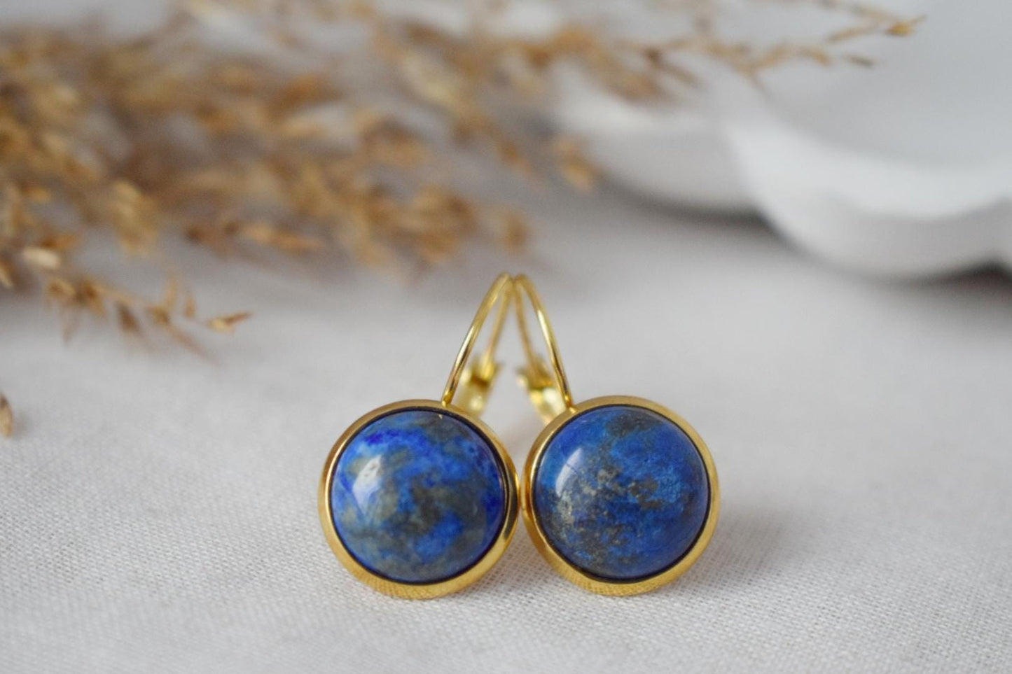 Lapis Lazuli Gold Earrings Dangle, Blue Lapis Earrings, Lever back earrings, Round, 12mm, September Birthstone Jewelry, Lapis, Gift for her