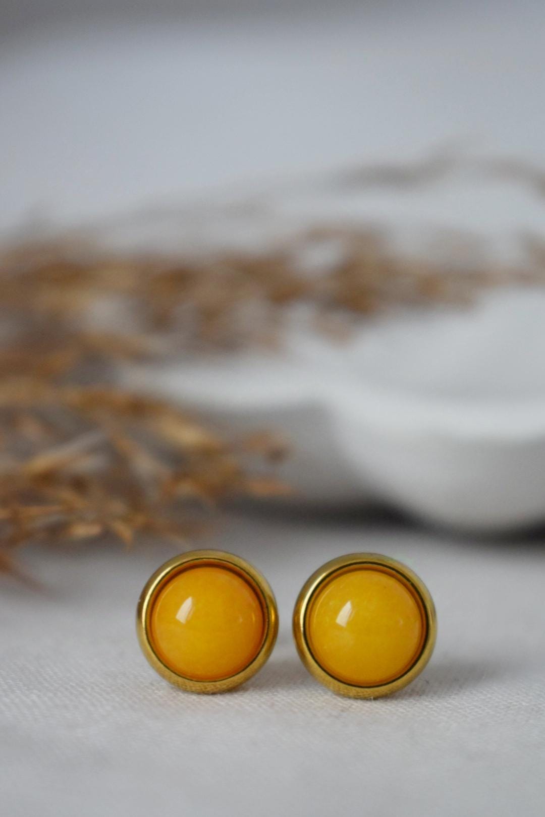 Yellow jade stud earrings, Small round gemstone earrings, Push back earrings, Handmade jewelry, Handmade gift for her