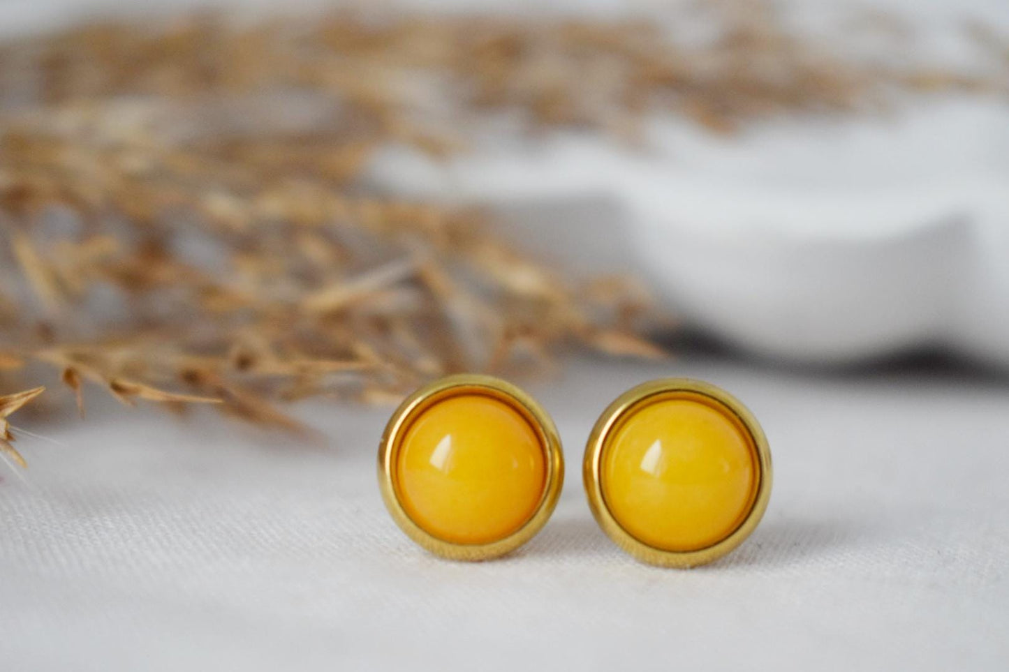 Yellow jade stud earrings, Small round gemstone earrings, Push back earrings, Handmade jewelry, Handmade gift for her