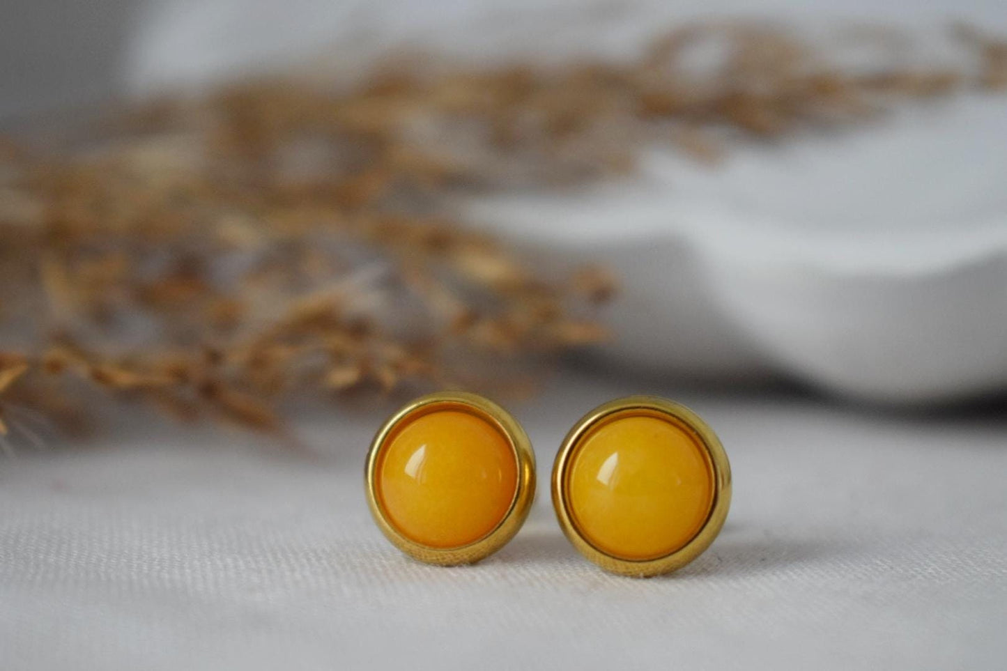 Yellow jade stud earrings, Small round gemstone earrings, Push back earrings, Handmade jewelry, Handmade gift for her