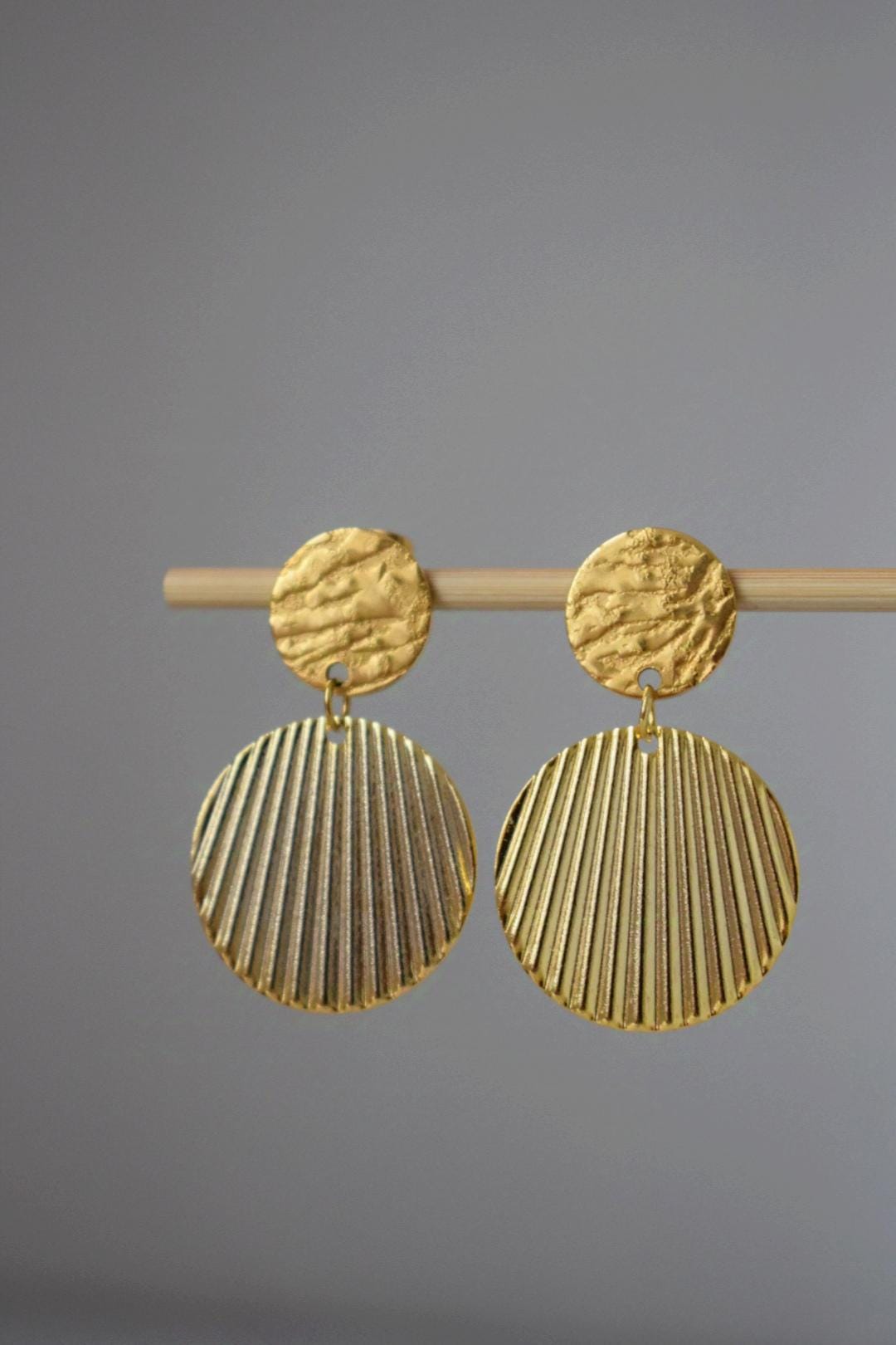 Boho golden earrings, Statement disc dangle earrings, Round corrugated plate pendant, Circle earrings, Unique jewelry gift for her
