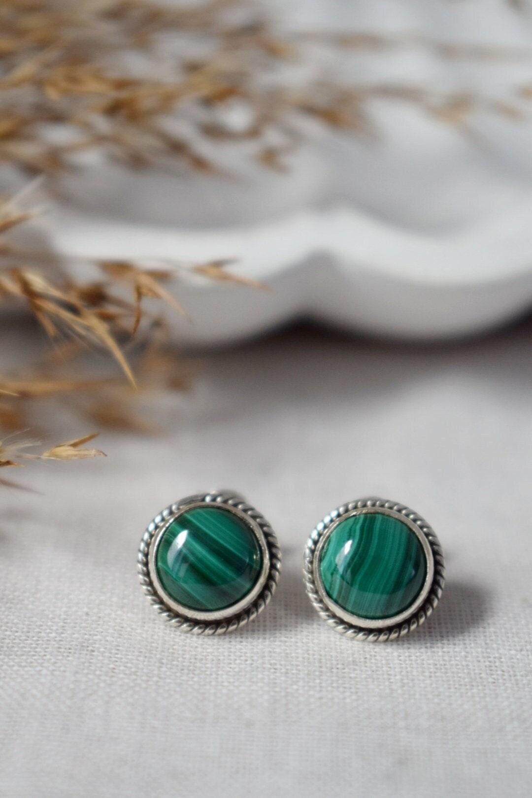 Natural Malachite Stud Earrings, 925 Sterling Silver Ornament Studs, Round Green Gemstone, Birthstone Jewelry, Handmade Gift for Her