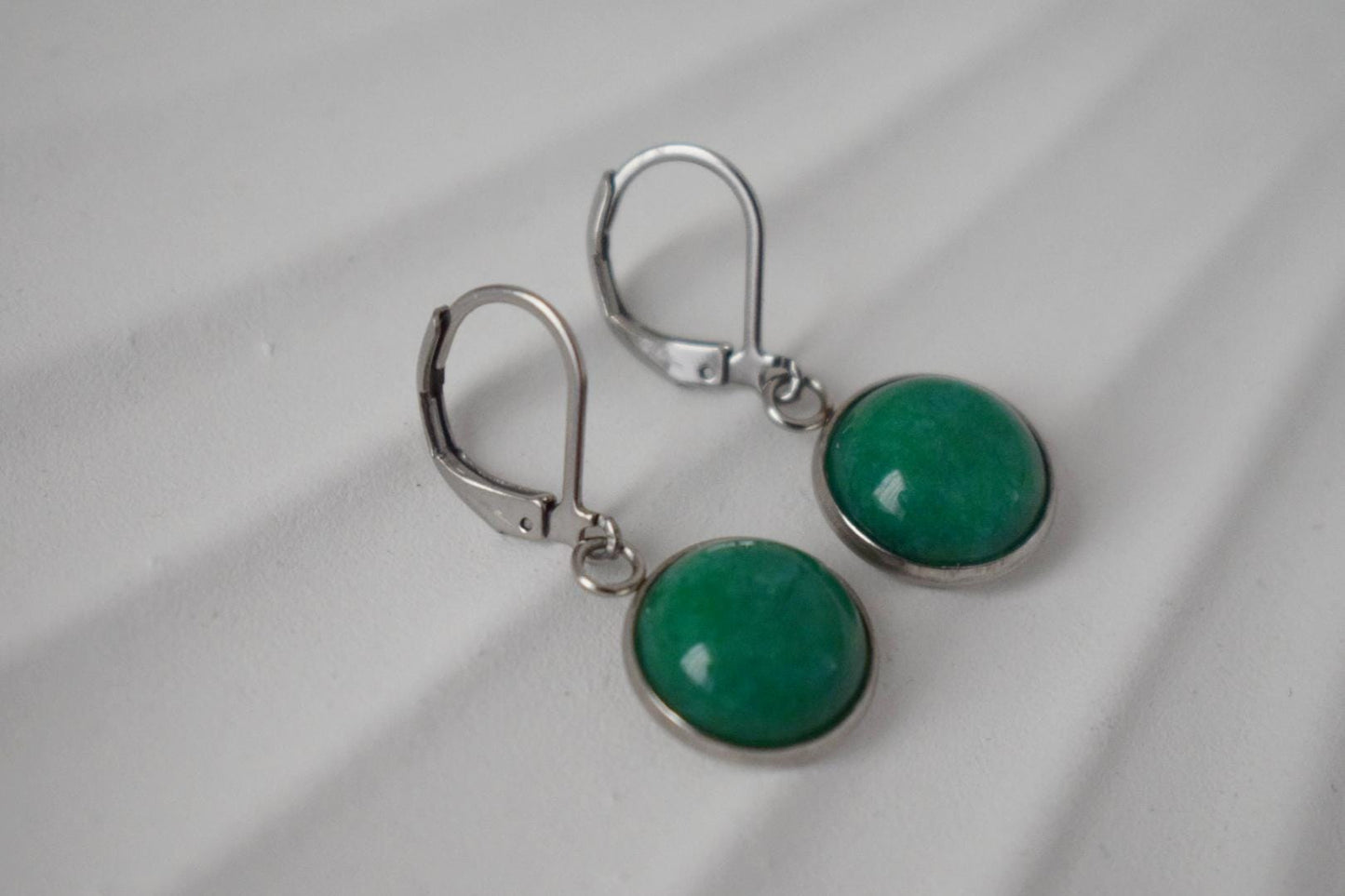 Green jade earrings, Gemstone pendant dangle huggie earrings, Green stone hoop earrings, Handmade jewelry gift women
