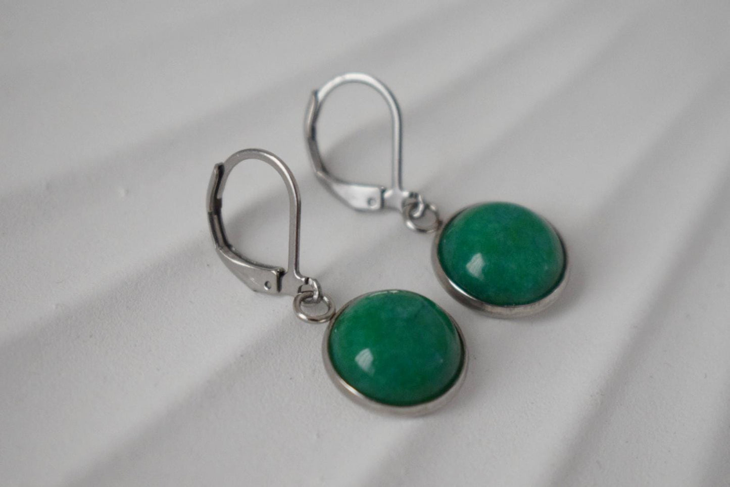 Green jade earrings, Gemstone pendant dangle huggie earrings, Green stone hoop earrings, Handmade jewelry gift women
