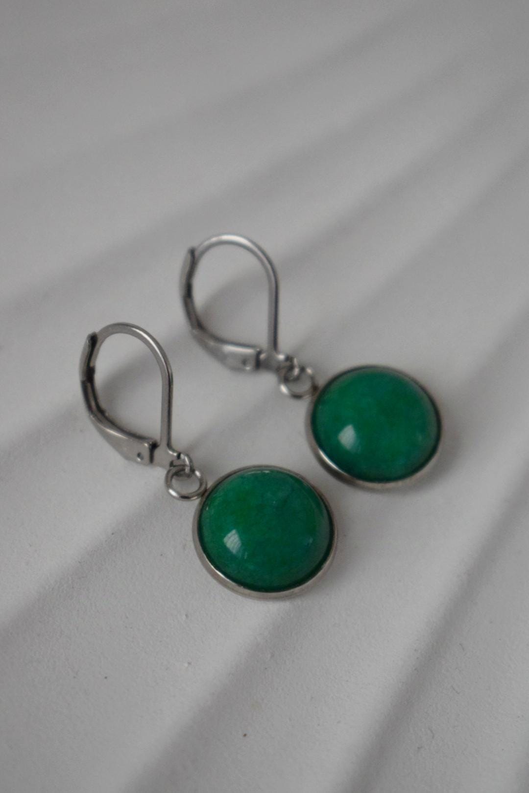 Green jade earrings, Gemstone pendant dangle huggie earrings, Green stone hoop earrings, Handmade jewelry gift women