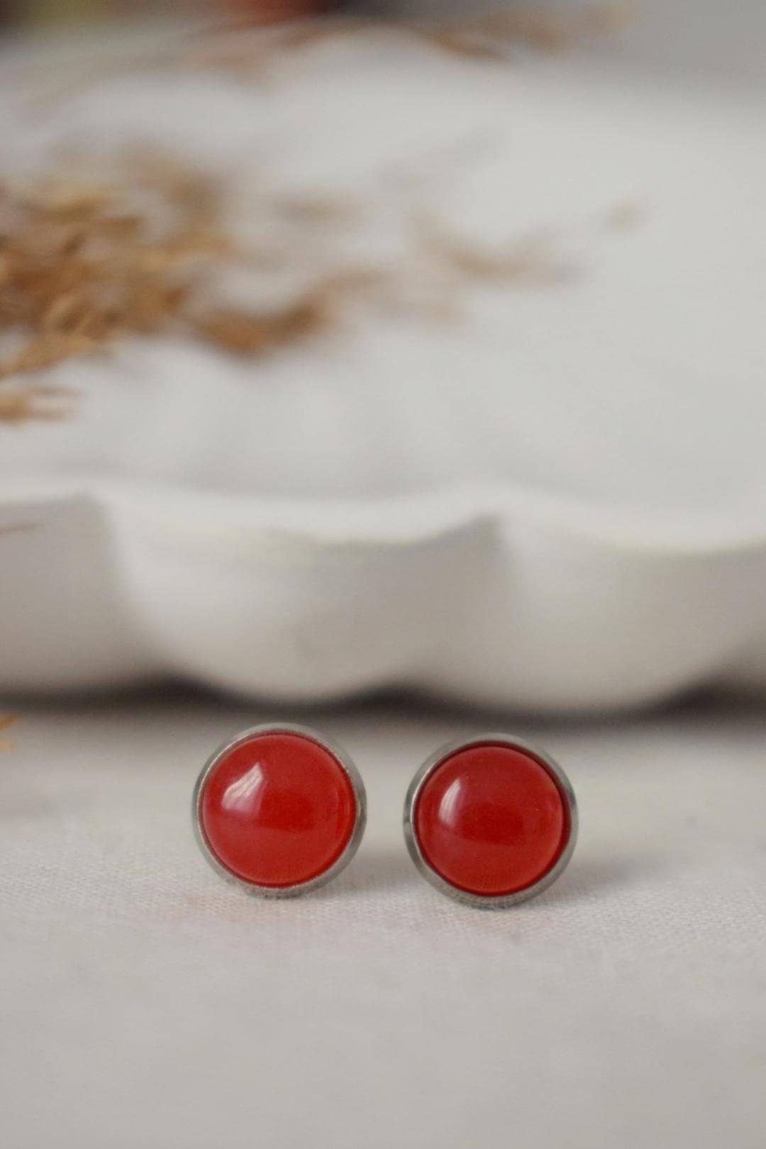 Red jade stud earrings, Small gemstone post earrings, Lightweight earrings, Minimalist jewelry, Best Christmas gift for her
