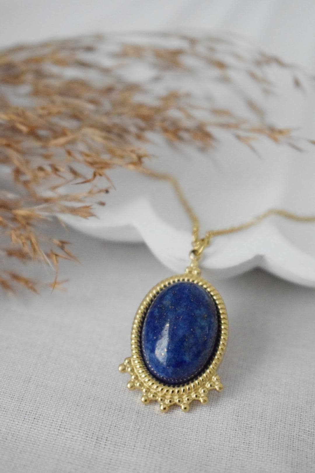 Lapis lazuli Necklace Gold, Oval Gemstone Victorian Necklace For Women, Unique Pendant, Stone Statement Necklace, Best Jewelry Gift For Her