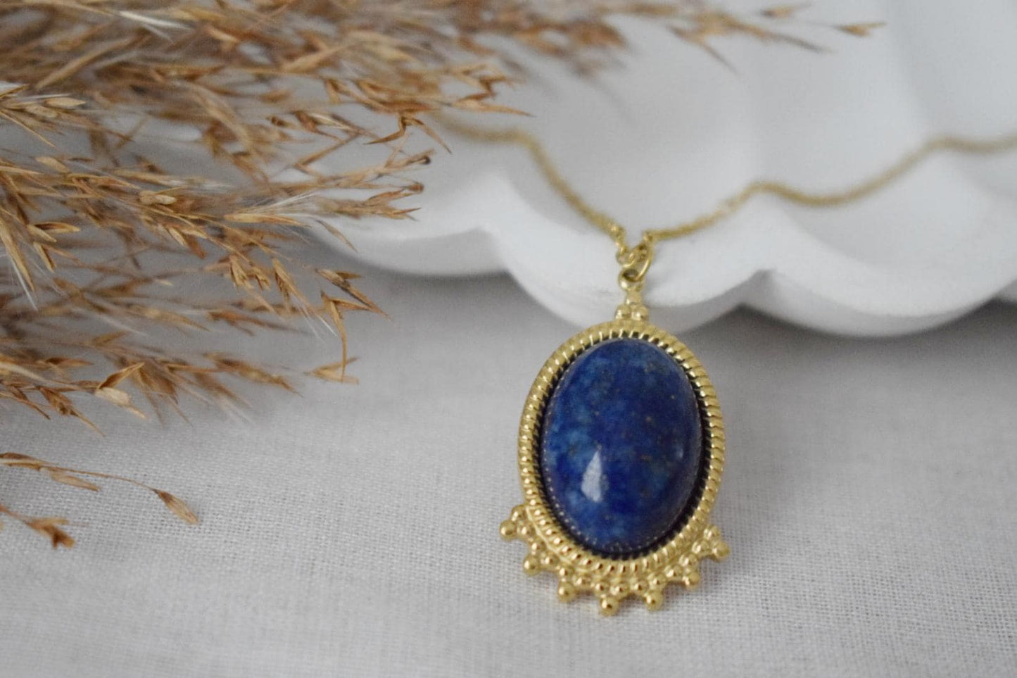 Lapis lazuli Necklace Gold, Oval Gemstone Victorian Necklace For Women, Unique Pendant, Stone Statement Necklace, Best Jewelry Gift For Her