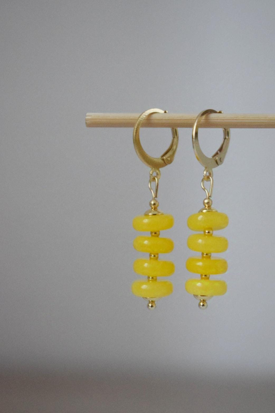 Yellow jade earrings, Hoop earrings gemstone, Huggie earrings, Yellow beaded earrings, Hanging earrings, Handmade jewelry, Gift for her