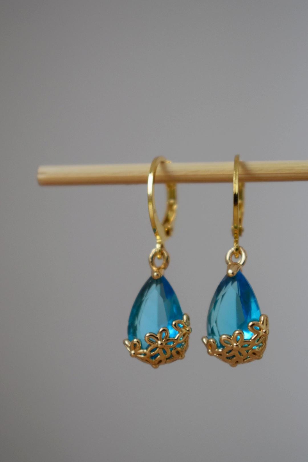 Sky blue rhinestone teardrop earrings with 24k gold plated stainless steel huggie hoops, Minimalist ornament jewelry