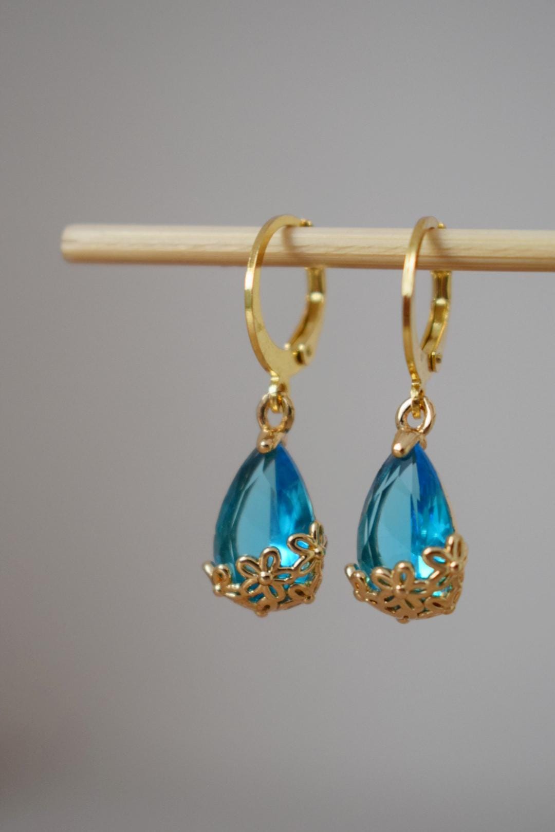 Sky blue rhinestone teardrop earrings with 24k gold plated stainless steel huggie hoops, Minimalist ornament jewelry