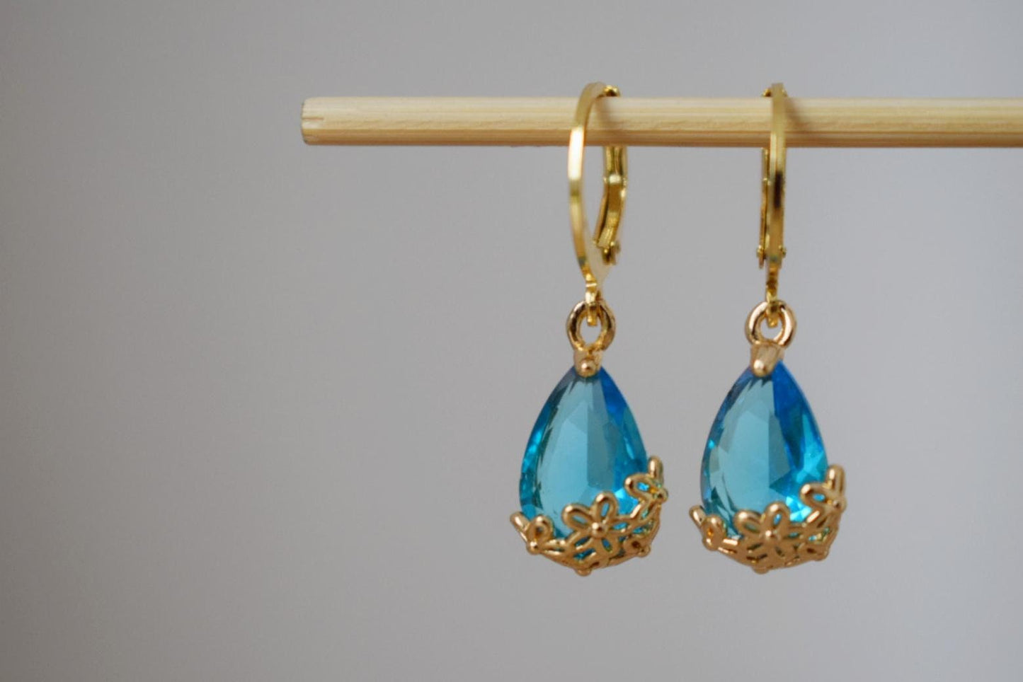 Sky blue rhinestone teardrop earrings with 24k gold plated stainless steel huggie hoops, Minimalist ornament jewelry