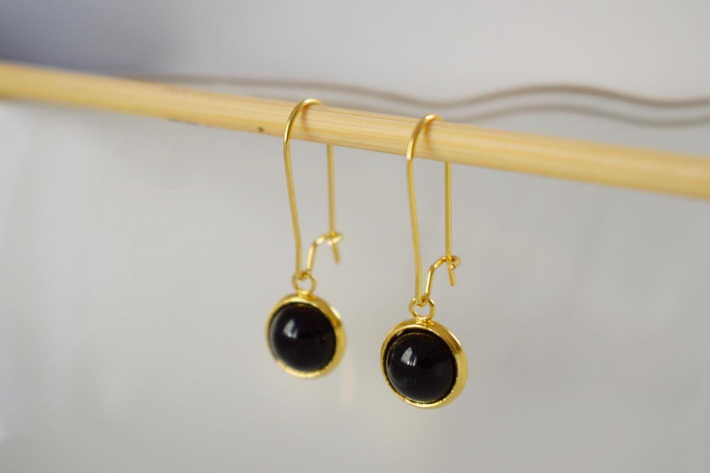 Black agate gold earrings, Black gemstone dangle drop lever back hoop earrings, 10mm black stone hanging earrings, Agate handmade jewelry