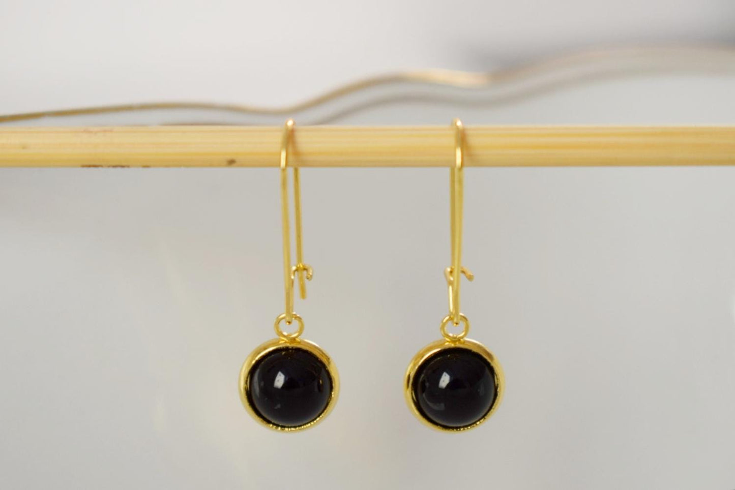 Black agate gold earrings, Black gemstone dangle drop lever back hoop earrings, 10mm black stone hanging earrings, Agate handmade jewelry