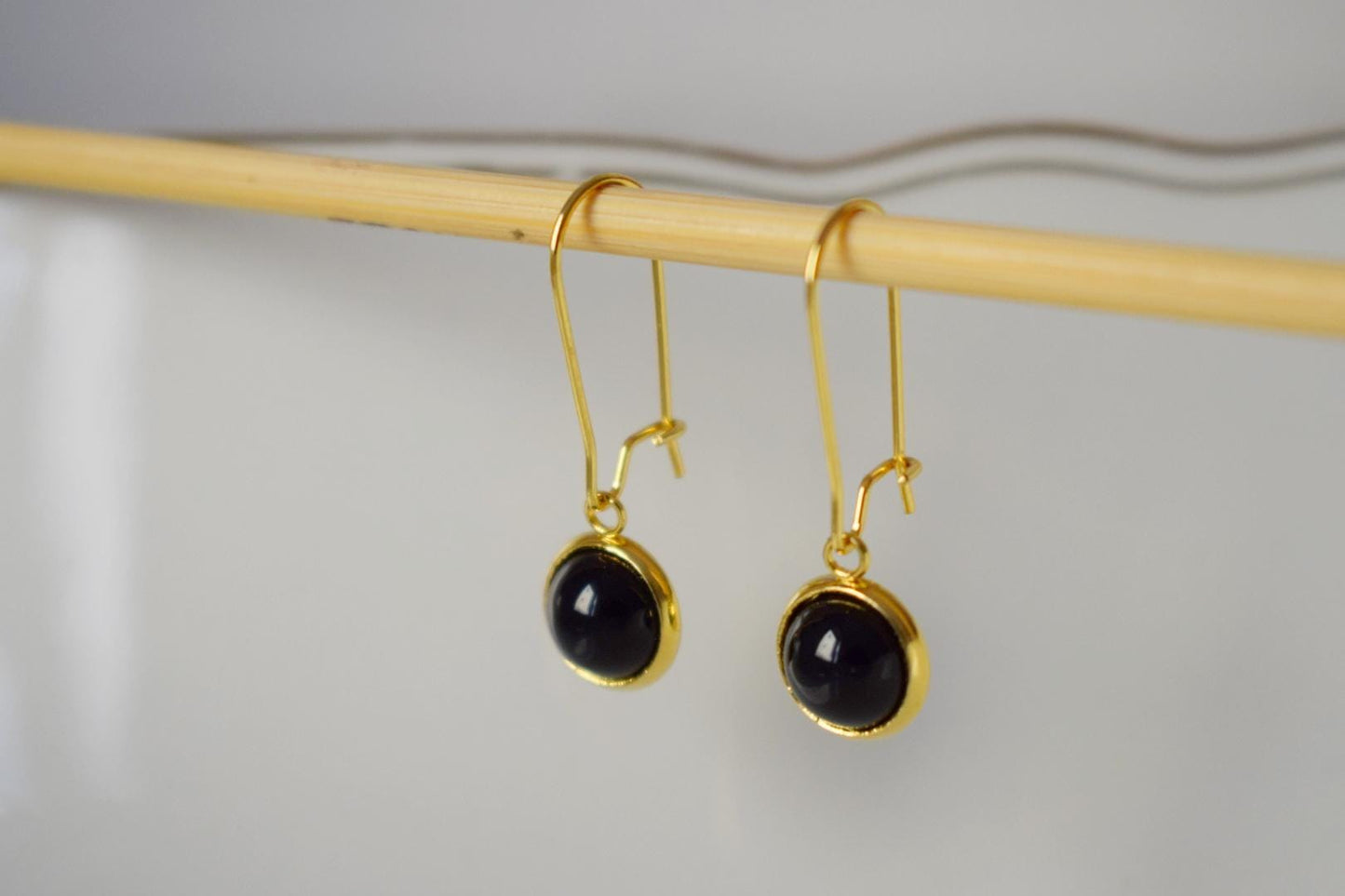 Black agate gold earrings, Black gemstone dangle drop lever back hoop earrings, 10mm black stone hanging earrings, Agate handmade jewelry