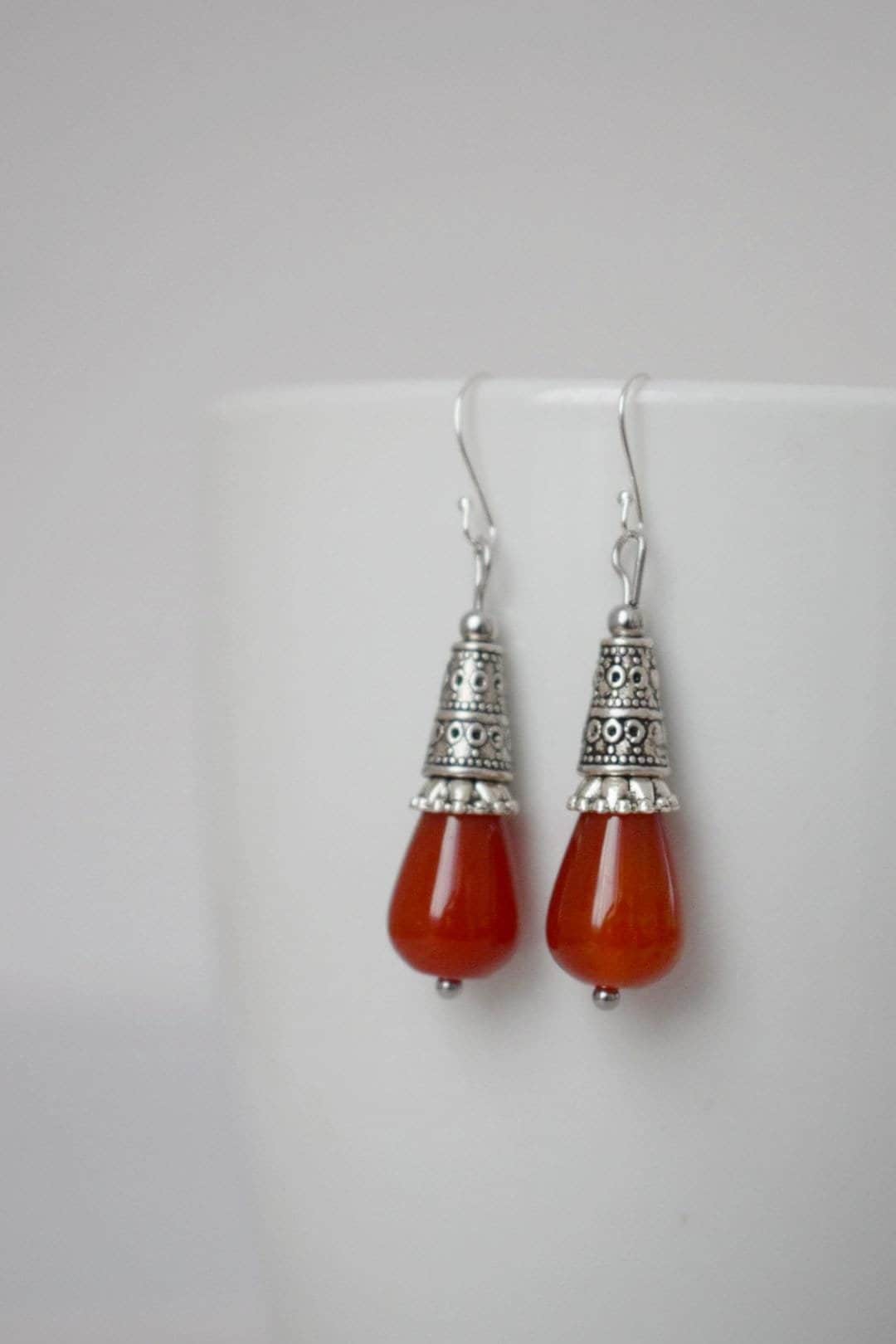 Carnelian teardrop earrings, Boho red gemstone earrings, Vintage dangle and drop earrings, Sterling silver earring hooks, Jewelry gift her