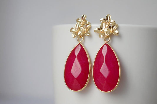 Teardrop pink jade stud earrings, Flower dangle drop earrings, Long gemstone earrings, Faceted stone, Boho chic jewelry, Mother's day gift