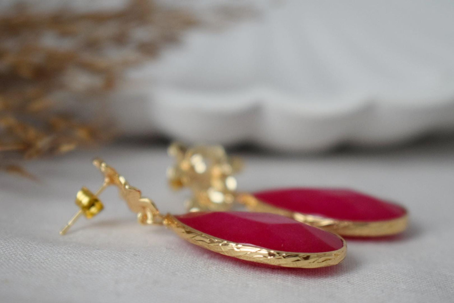 Teardrop pink jade stud earrings, Flower dangle drop earrings, Long gemstone earrings, Faceted stone, Boho chic jewelry, Mother's day gift