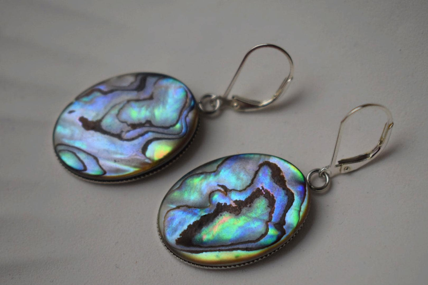 Abalone dangle earrings, Sterling silver huggie hoops, Paua shell, Long statement oval earrings, Colorful jewelry, Mother's day gift