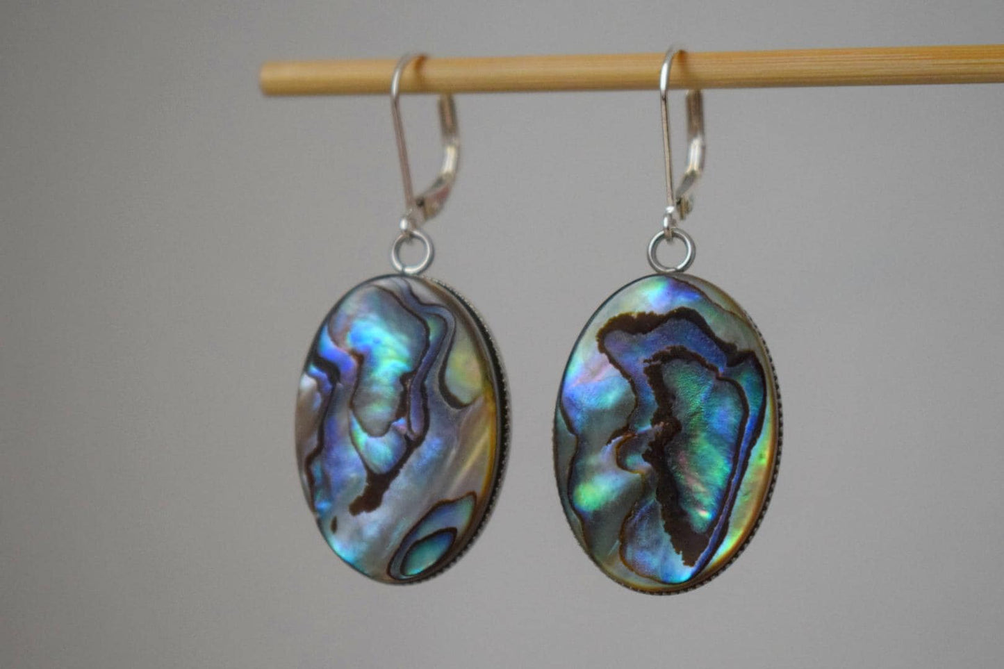 Abalone dangle earrings, Sterling silver huggie hoops, Paua shell, Long statement oval earrings, Colorful jewelry, Mother's day gift