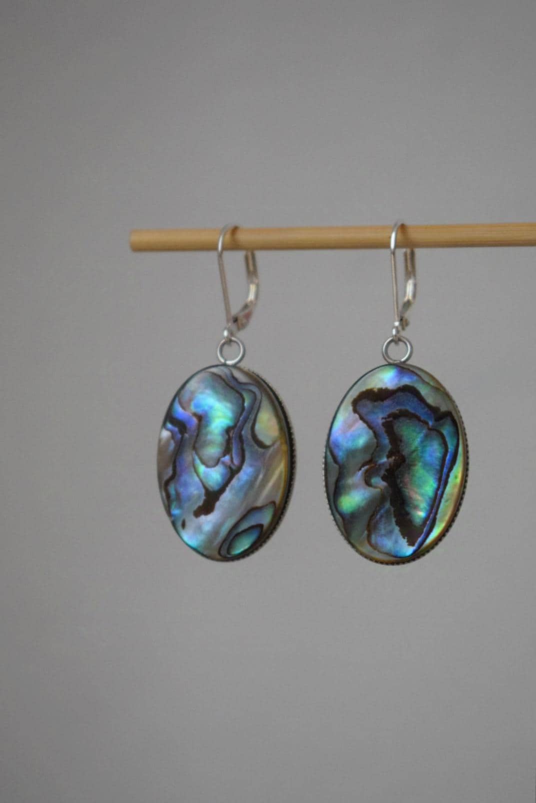 Abalone dangle earrings, Sterling silver huggie hoops, Paua shell, Long statement oval earrings, Colorful jewelry, Mother's day gift
