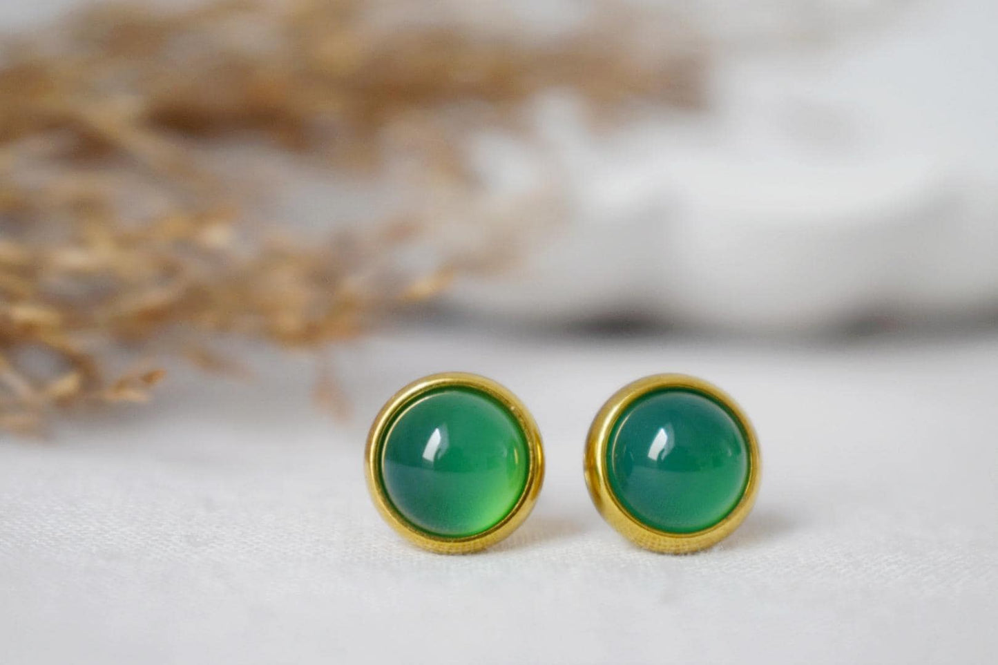 Green agate stud earrings, Small gemstone earrings, Push back earrings, Minimalist birthstone jewelry, Handmade Gift for her