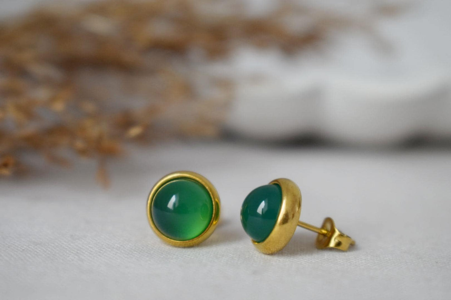 Green agate stud earrings, Small gemstone earrings, Push back earrings, Minimalist birthstone jewelry, Handmade Gift for her