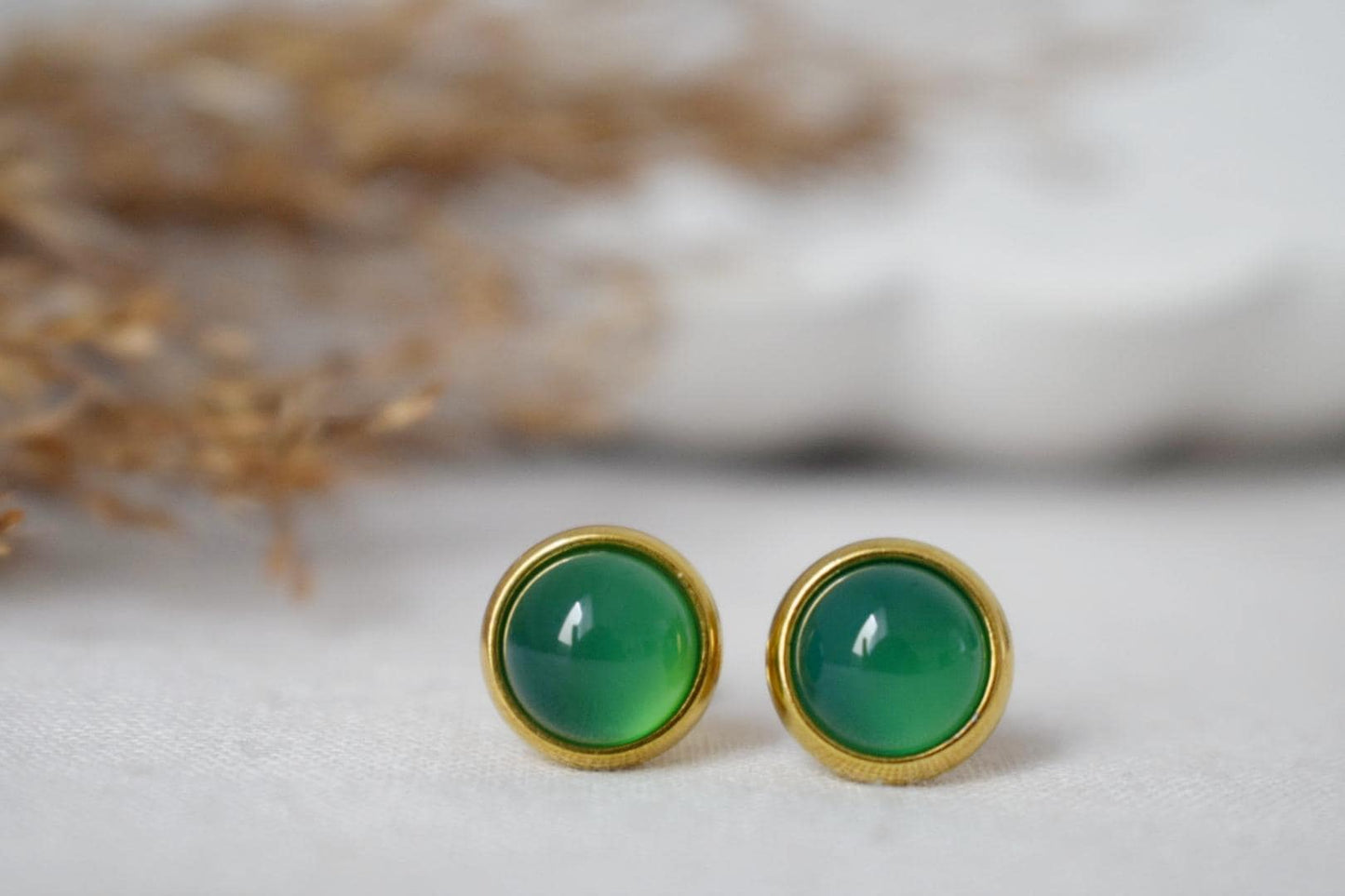 Green agate stud earrings, Small gemstone earrings, Push back earrings, Minimalist birthstone jewelry, Handmade Gift for her