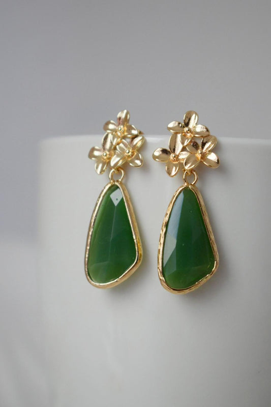 Glass dangle earrings, Boho long teardrop earrings, Flower post earrings, Faceted green earrings, Unique jewelry, Christmas gift