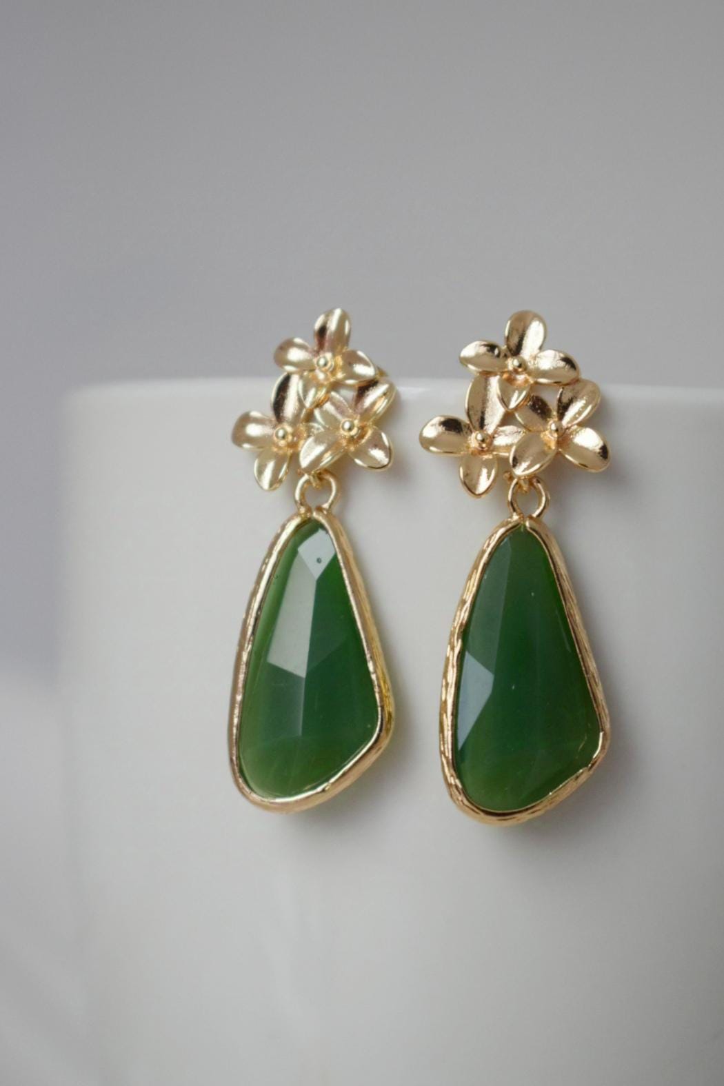 Glass dangle earrings, Boho long teardrop earrings, Flower post earrings, Faceted green earrings, Unique jewelry, Christmas gift